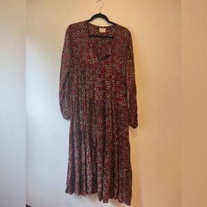 Tiered Long-Sleeve Floral Maxi Dress - Red